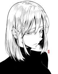 Rule 34 | 1girl, artist name, bob cut, closed mouth, commentary, earrings, edpan, english commentary, eyelashes, female focus, greyscale, hair behind ear, highres, jewelry, looking at viewer, monochrome, original, portrait, signature, simple background, solo, sweater, turtleneck, turtleneck sweater, upper body, white background