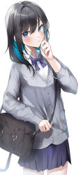 Rule 34 | 1girl, absurdres, bag, black bag, black hair, blue eyes, blue hair, blue sweater, blush, bow, bowtie, cardigan, collared shirt, colored inner hair, grey cardigan, hair behind ear, highres, looking at viewer, multicolored hair, nitogebeto, original, parted lips, purple bow, purple bowtie, school bag, school uniform, shirt, smile, solo, sweater, white shirt