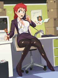 Rule 34 | 1girl, barleyshake, black footwear, black jacket, black pantyhose, blush, bottle, box, broken screen, carol mccormick, chair, collared shirt, desk, english text, formal, full body, grey eyes, highres, holding, holding pen, jacket, kenny mccormick, long hair, office lady, open mouth, pantyhose, partially unbuttoned, pen, red hair, shadow, shirt, shoes, signature, sitting, solo, south park, suit, suit jacket, torn clothes, trash can, white shirt