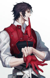 Rule 34 | 1boy, absurdres, belt, belt pouch, black hair, black vest, collared shirt, fate/grand order, fate (series), glove in mouth, gloves, harness, haruakira, highres, hijikata toshizou (fate), long sleeves, looking to the side, mouth hold, pouch, putting on gloves, red eyes, red gloves, shirt, short hair, single glove, vest, white belt, white shirt