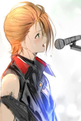 Rule 34 | 10s, 1girl, bare arms, earrings, from side, green eyes, idolmaster, idolmaster cinderella girls, isshiki (ffmania7), jewelry, kimura natsuki, microphone, music, open mouth, short hair, singing, sketch, solo, sweat, white background