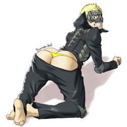 Rule 34 | 10s, 1boy, ass, blonde hair, butt crack, feet, highres, looking at viewer, male focus, mask, persona, persona 5, sakamoto ryuuji, solo, thong, underwear, whale tail (clothing), yaoi