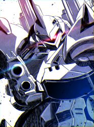 Rule 34 | absurdres, aiming, aiming at viewer, close-up, glowing, glowing eye, gun, gundam, gundam 0080, highres, holding, holding gun, holding weapon, horns, huge filesize, kampfer (mobile suit), looking to the side, mecha, no humans, one-eyed, papa-kun (destiny549-2), robot, science fiction, single horn, solo, spot color, weapon, zeon