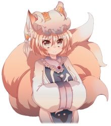 Rule 34 | 1girl, animal ears, bad id, bad pixiv id, cream (nipakupa), female focus, fox ears, fox tail, hands in opposite sleeves, multiple tails, simple background, smile, solo, tail, touhou, white background, yakumo ran