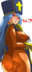 Rule 34 | 1girl, ass, blue hair, bodysuit, breasts, cameltoe, chunsoft, dragon quest, dragon quest iii, enix, covered erect nipples, gloves, hat, heart, higashiyama (higashiyama honpo l.t.d), large breasts, latex, latex gloves, looking back, mitre, nipple ribbon, nipples, no panties, priest (dq3), red eyes, ribbon, skin tight, solo, tabard, uncensored