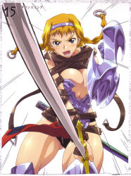 Rule 34 | 1girl, absurdres, armor, artbook, back, blonde hair, blush, boots, braid, buckle, curvy, exiled warrior leina, fighting, hairband, highres, hisayuki hirokazu, leina (queen&#039;s blade), leina (queen's blade), looking at viewer, official art, queen&#039;s blade, queen&#039;s blade lost worlds, revealing clothes, scan, shield, shiny skin, short hair with long locks, side braid, slashing, solo, spread legs, sweat, sword, thong, twin braids, weapon