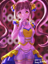 Rule 34 | 1girl, absurdres, arm behind back, backlighting, blue ribbon, blush, bow, breasts, brown eyes, brown hair, cleavage, collarbone, cropped jacket, dot nose, finger to mouth, hair bow, happy birthday, highres, idolmaster, idolmaster million live!, idolmaster million live! theater days, long hair, looking at viewer, matsuda arisa, medium breasts, navel, nayan70, open mouth, overskirt, parted lips, ribbon, screen, short sleeves, shorts, skirt, smile, standing, star (symbol), twintails, white shorts, white wrist cuffs, wrist cuffs, yellow ribbon