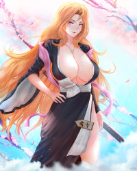 Rule 34 | 1girl, black kimono, bleach, blue eyes, breasts, cleavage, hand on own hip, highres, huge breasts, japanese clothes, jewelry, kimono, large breasts, lips, long hair, looking at viewer, matsumoto rangiku, necklace, orange hair, solo