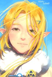 Rule 34 | 1girl, artist name, blonde hair, close-up, eorinamo, green eyes, hair ornament, hairclip, highres, light smile, long hair, looking at viewer, nintendo, outdoors, parted bangs, pointy ears, princess zelda, smile, solo, the legend of zelda, the legend of zelda: breath of the wild, triforce, upper body
