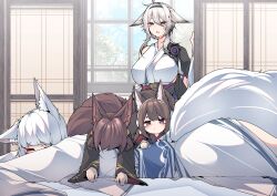 Rule 34 | 4girls, absurdres, akagi-chan (azur lane), amagi-chan (azur lane), animal ears, azur lane, bell, bent over, black hairband, black kimono, blush, breasts, brown hair, day, eyeshadow, facing viewer, fox ears, fox girl, fox tail, hair bell, hair between eyes, hair ornament, hairband, hand on another&#039;s back, hand up, highres, japanese clothes, kaga (azur lane), kimono, kitsune, large breasts, long hair, long sleeves, looking at another, lying, makeup, medium hair, multiple girls, on stomach, open mouth, purple eyes, red eyeshadow, samip, sleeping, sleeping on person, slit pupils, tail, teeth, tosa (azur lane), upper teeth only, white hair, white kimono, wide sleeves