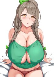 Rule 34 | 1girl, :o, bow, braid, breasts, bush, cleavage, collarbone, commentary, english commentary, green bow, grey hair, hair bow, hair ornament, highres, huge breasts, long hair, looking at viewer, love live!, minami kotori, open mouth, orange eyes, shirt, sitting, solo, sweat, torn clothes, torn shirt, twin braids, yua (argaoffroad)