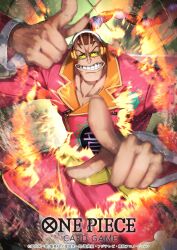 Rule 34 | 1boy, brown hair, chinese clothes, clenched teeth, commentary request, copyright name, dai-xt, fire, headphones, highres, male focus, official art, one piece, one piece card game, pink robe, pointing, pointing at viewer, ponytail, robe, scratchmen apoo, smoke, solo, sunglasses, teeth, tinted eyewear, upper body, yellow-tinted eyewear