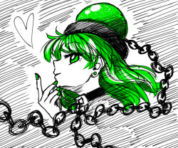Rule 34 | 1girl, alternate eye color, alternate hair color, black choker, chain, choker, commentary request, earrings, from side, green eyes, green hair, green nails, hand up, heart, hecatia lapislazuli, highres, jewelry, long hair, looking at viewer, nail polish, nokisakifuurin, profile, smile, solo, stud earrings, touhou, white background