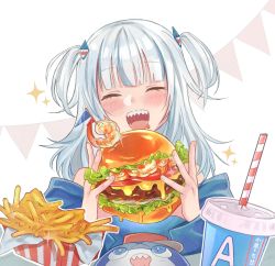 Rule 34 | :d, bloop (gawr gura), blue eyes, blunt bangs, blush, burger, chiseoyasumi, closed eyes, cup, disposable cup, food, french fries, gawr gura, highres, hololive, hololive english, open mouth, sharp teeth, shrimp, sidelocks, smile, solo, teeth, twintails, virtual youtuber, white hair