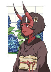Rule 34 | 1girl, blunt bangs, brown hair, brown kimono, closed mouth, colored skin, expressionless, floral background, flower, hair flower, hair ornament, horns, japanese clothes, kimono, looking afar, monster girl, multicolored hair, obi, oni, oni horns, original, red eyes, red ribbon, red skin, ribbon, sash, short hair, solo, streaked hair, two-tone hair, upper body, white flower, white hair, zakusi