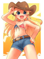 Rule 34 | &gt;:d, 1girl, :d, american flag, american flag bikini, american flag print, belt, bikini, bikini top only, blonde hair, blue eyes, cowboy hat, cutoffs, denim, denim shorts, earrings, fang, flag print, flat chest, from below, front-tie top, hand on own hip, hat, highres, jewelpet (series), jewelpet twinkle, jewelry, long hair, looking at viewer, miria marigold mackenzie, navel, non-web source, nyama, open mouth, paw print, print bikini, shorts, smile, solo, stomach, swimsuit, united states, v-shaped eyebrows