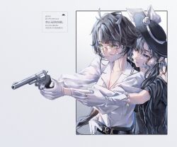 2girls aiming behind_another black_dress black_hair black_hat dress glasses gloves green_eyes gun hand_on_another&#039;s_arm handgun hat highres holding holding_gun holding_weapon isolde_(reverse:1999) kakania_(reverse:1999) long_sleeves looking_ahead low_ponytail multiple_girls outstretched_arms puffy_long_sleeves puffy_sleeves purple_eyes reverse:1999 revolver round_eyewear see-through see-through_veil semi-rimless_eyewear shirt smile two-handed under-rim_eyewear upper_body veil volcanoyyy watermark wavy_hair weapon white_background white_gloves white_shirt yuri