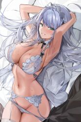 Rule 34 | 1girl, armpit crease, armpit peek, arms up, black bow, blue hair, bow, bra, breasts, cleavage, commentary, cowboy shot, detached collar, frills, garter belt, garter straps, green eyes, grin, groin, highres, huge breasts, lingerie, long hair, looking at viewer, lying, maid headdress, mo:oku, multicolored hair, navel, on back, original, panties, panty pull, partially undressed, smile, solo, sweat, symbol-only commentary, thighhighs, thighs, two-tone hair, underwear, white bra, white hair, white panties, white thighhighs