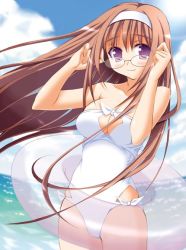 Rule 34 | 1girl, adjusting eyewear, bare shoulders, blush, breasts, brown hair, casual one-piece swimsuit, cleavage, cleavage cutout, clothing cutout, fisheye, glasses, hairband, innertube, large breasts, long hair, one-piece swimsuit, purple eyes, sasahiro, smile, solo, swim ring, swimsuit, wind