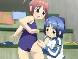 Rule 34 | 00s, 2girls, adjusting another&#039;s clothes, adjusting clothes, adjusting swimsuit, amamiya manami, ass, blue eyes, blue hair, blush, brown hair, child, closed mouth, female focus, gakuen utopia manabi straight!, gym uniform, hair ornament, inamori mika, multiple girls, one-piece swimsuit, open mouth, sanshita, school swimsuit, stairs, standing, sweat, swimsuit, towel, yellow eyes