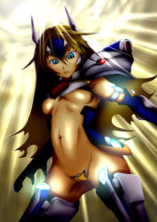 Rule 34 | 1girl, :t, aqua eyes, arc system works, armor, blazblue, blonde hair, blue eyes, breasts, c-string, cameltoe, crotch plate, detached sleeves, elbow gloves, female focus, gloves, glowing, glowing eyes, headdress, jam nkjm, long hair, looking at viewer, maebari, mecha musume, midriff, mu-12, navel, necktie, pauldrons, shoulder armor, shoulder pads, small breasts, solo, strapless bottom, thighhighs, underboob