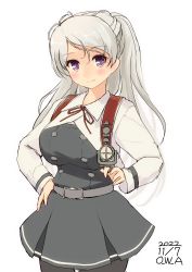 Rule 34 | 1girl, artist name, black pantyhose, breasts, buttons, closed mouth, commentary request, conte di cavour (kancolle), dated, double-breasted, dress, grey dress, grey hair, hands on own hips, highres, kantai collection, large breasts, long hair, long sleeves, looking at viewer, one-hour drawing challenge, owa (ishtail), pantyhose, purple eyes, simple background, smile, solo, white background