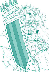 Rule 34 | 1girl, alternate weapon, armored boots, belt, blunt bangs, boots, closed mouth, commentary request, dot nose, futaba sana, gloves, green theme, hair bobbles, hair ornament, highres, holding, holding shield, jewelry, knee pads, layered skirt, light blush, magia record: mahou shoujo madoka magica gaiden, magical girl, mahou shoujo madoka magica, monochrome, necklace, pavise, ribbed sweater, shield, sidelocks, simple background, skirt, solo, standing, sweater, takahero, tareme, thigh boots, thighhighs, thighs, tiara, turtleneck, turtleneck sweater, twintails, veil, waist cape, wavy hair, weapon, white background, wide-eyed, zettai ryouiki