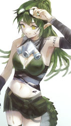 Rule 34 | 1girl, absurdres, aiv, arknights, bare shoulders, breasts, commentary, cowboy shot, crocodilian tail, crop top, detached sleeves, gavial (arknights), gavial the invincible (arknights), green hair, grin, highres, long hair, looking at viewer, mask, mask around neck, material growth, medium breasts, midriff, navel, oripathy lesion (arknights), pointy ears, pouch, shoulder tattoo, simple background, smile, solo, standing, stomach, tail, tattoo, very long hair, white background, yellow eyes