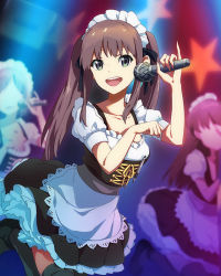 Rule 34 | 10s, 3girls, brown hair, collarbone, female focus, frills, green eyes, hair ribbon, long hair, maid, maid headdress, microphone, multiple girls, music, official art, okamoto miyu, open mouth, paw pose, pinky out, ribbon, singing, smile, solo focus, star (symbol), thighhighs, twintails, wake up girls!, wake up girls! stage no tenshi