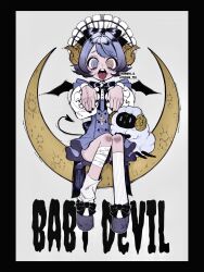 Rule 34 | 1girl, @ @, black border, black bow, black footwear, black nails, border, bow, brown eyes, brown horns, crescent moon, demon tail, grey eyes, hair bow, highres, horns, kamato il, long sleeves, looking at viewer, moon, open mouth, original, shoes, short hair, socks, solo, tail, tongue, tongue out, twitter username, white socks
