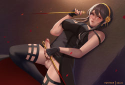 Rule 34 | 1futa, black dress, black hair, blood, bloody weapon, dress, dutch angle, erection, exlic, full-package futanari, futanari, holding, holding weapon, lips, microdress, no panties, parted lips, penis, red eyes, short hair with long locks, solo, spy x family, strapless, strapless dress, testicles, thighhighs, weapon, yor briar