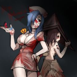 Rule 34 | 2girls, back, bad id, bad pixiv id, bandages, between breasts, blood, blood on clothes, blue hair, blush, breasts, brown hair, bubble head nurse, candy, carol (skullgirls), cosplay, covered mouth, embarrassed, food, gloves, halloween, halloween costume, hand on own hip, happy halloween, hat, large breasts, lollipop, monster, multiple girls, ng (kimjae737), nurse cap, painwheel (skullgirls), pyramid head, pyramid head (cosplay), red eyes, silent hill, silent hill (series), silent hill 2, skullgirls, topless, valentine (skullgirls)
