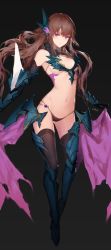 Rule 34 | 1girl, absurdres, armor, bikini, bikini armor, black panties, black thighhighs, breasts, brown hair, cleavage, closed mouth, detached collar, faulds, gauntlets, gradient background, greaves, hair ornament, highres, long hair, looking at viewer, navel, outstretched arms, panties, purple eyes, simple background, sketch, small breasts, solo, string bikini, string panties, swd3e2, swimsuit, thighhighs, tiruka, underwear, venus blood, venus blood: frontier