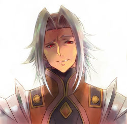 Rule 34 | 00s, 1boy, alexei dinoia, armor, coat, grey hair, grin, open mouth, red eyes, short hair, shoulder pads, smile, tales of (series), tales of vesperia