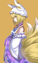 Rule 34 | 1girl, animal ears, animal hat, blonde hair, breasts, commentary request, cowboy shot, detached sleeves, fox ears, fox tail, from side, hands in opposite sleeves, hat, highres, jewelry, kitsune, kyuubi, medium breasts, medium hair, mob cap, multiple tails, pendant, re (re 09), simple background, solo, tabard, tail, talisman, touhou, wide sleeves, yakumo ran