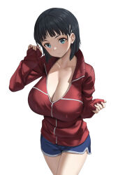 Rule 34 | 1girl, black hair, blue eyes, blue shorts, bob cut, breasts, cleavage, fuooooo, gym shorts, hair ornament, hairclip, highres, jacket, kirigaya suguha, large breasts, looking at viewer, open clothes, open jacket, partially unzipped, red jacket, short hair, short shorts, shorts, sleeves past wrists, solo, sword art online, track jacket, white background, zipper pull tab