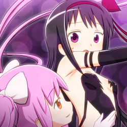 Rule 34 | 10s, 2girls, absurdly long hair, akemi homura, akuma homura, armpits, bare shoulders, black dress, black gloves, black hair, bow, breasts, covered erect nipples, dress, elbow gloves, female focus, flat chest, gloves, hair bow, highres, kaname madoka, long hair, looking at another, mahou shoujo madoka magica, mahou shoujo madoka magica: hangyaku no monogatari, multiple girls, purple eyes, sat-c, small breasts, smile, spoilers, surprised, two side up, ultimate madoka, very long hair, yellow eyes, yuri