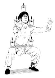 Rule 34 | 1boy, black hair, bracelet, bubble tea, bubble tea challenge, commentary request, cup, disposable cup, drink, drinking straw, drunken master, enomushi, greyscale, highres, jackie chan, jewelry, male focus, martial arts, monochrome, nipples, parody, real life, topless male, solo, stance, sweatdrop, white background