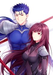 Rule 34 | 1boy, 1girl, arm at side, armor, blue bodysuit, blue hair, bodysuit, breasts, closed mouth, cu chulainn (fate), cu chulainn (fate/stay night), earrings, expressionless, fate/grand order, fate/stay night, fate (series), floating hair, gae bolg (fate), hair between eyes, hair intakes, highres, jewelry, long hair, looking at viewer, medium breasts, mikkat, neck, ponytail, purple bodysuit, purple hair, red eyes, scathach (fate), serious, shadow, shoulder armor, sidelocks, simple background, skin tight, smile, type-moon, upper body, white background