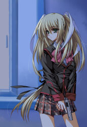 Rule 34 | 1girl, absurdres, black jacket, blonde hair, blurry, blurry background, bow, breasts, commentary, cowboy shot, eyelashes, eyes visible through hair, floating hair, green eyes, grey skirt, gun, hair between eyes, hair ribbon, handgun, highres, holding, holding gun, holding weapon, indoors, jacket, light blush, little busters!, long hair, long sleeves, longmei er de tuzi, looking to the side, medium breasts, miniskirt, night, nose, own hands together, parted lips, pink bow, plaid, plaid skirt, pleated skirt, ribbon, school uniform, sidelighting, sidelocks, skirt, solo, standing, straight hair, tokido saya, two side up, uniform, v arms, very long hair, weapon, white ribbon