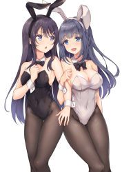 Rule 34 | 2girls, absurdres, animal ears, black bow, black bowtie, black hair, black legwear, black leotard, blue eyes, bow, bowtie, commentary request, commission, covered navel, detached collar, fake animal ears, grey hair, highres, leotard, long hair, makinohara shouko, multiple girls, pantyhose, pixiv commission, playboy bunny, purple hair, rabbit ears, rgrey00, sakurajima mai, seishun buta yarou, simple background, standing, strapless, strapless leotard, white background, white leotard, wrist cuffs