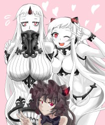 Rule 34 | 10s, 3girls, ;d, \m/, absurdres, abyssal ship, airfield princess, black hair, breasts, colored skin, detached sleeves, dress, fang, flying sweatdrops, gothic lolita, hairband, hand on another&#039;s shoulder, highres, horns, huge breasts, isolated island oni, kantai collection, lolita fashion, lolita hairband, looking at viewer, multiple girls, navel, one eye closed, open mouth, rakku (10219563), red eyes, ribbed dress, ribbed sweater, seaport princess, short dress, single horn, smile, sweater, sweater dress, v, white hair, white skin