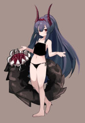 Rule 34 | 1girl, bare legs, bare shoulders, barefoot, black camisole, black hair, black panties, bow, brown background, camisole, closed mouth, collarbone, full body, hair between eyes, hair bow, hairband, hands up, highres, horns, long hair, navel, noa (nagareboshi), original, panties, ponytail, red bow, red eyes, red hairband, saliva, sharp teeth, short eyebrows, side-tie panties, sidelocks, simple background, smile, solo, standing, standing on one leg, teeth, thick eyebrows, underwear, underwear only, very long hair, white background