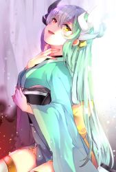 Rule 34 | 1girl, :d, arched back, arm up, boots, commentary request, curtains, dragon girl, dragon horns, eyes visible through hair, fate/grand order, fate (series), glint, gold trim, green hair, green kimono, hair between eyes, hair ornament, hand on own neck, highres, horns, indoors, japanese clothes, kimono, kirushi (killcy), kiyohime (fate), light particles, lips, long hair, looking back, obi, open mouth, sandals, sash, sidelocks, sitting, smile, solo, sparkle, thighhighs, very long hair, wariza, white thighhighs, ||/