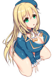 Rule 34 | 10s, 1girl, :o, atago (kancolle), bare legs, between legs, blonde hair, blue hat, blue jacket, blush, bottomless, breasts, cleavage, covered erect nipples, eyebrows, frilled sleeves, frills, from above, full body, fur trim, green eyes, hair between eyes, hand between legs, hat, highres, jacket, kantai collection, lace trim, large breasts, liu lan, long hair, long sleeves, looking at viewer, no bra, no legwear, ribbon, simple background, sitting, solo, very long hair, white background
