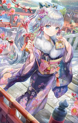 Rule 34 | 1girl, architecture, arrow (projectile), ayaka (genshin impact), blue eyes, blunt bangs, blush, commentary request, day, east asian architecture, floral print, flower, fur-trimmed kimono, fur trim, genshin impact, hair flower, hair ornament, highres, holding, holding arrow, japanese clothes, kimono, long hair, long sleeves, looking at viewer, mole, mole under eye, outdoors, paimon (genshin impact), parted lips, ponytail, print kimono, purple kimono, red flower, silver hair, socks, solo, stairs, standing, tabi, torino aqua, very long hair, white socks