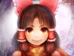 Rule 34 | 1girl, benikurage (cookie), blush, bow, brown eyes, brown hair, closed mouth, commentary request, cookie (touhou), dress, frilled hair tubes, frills, hair bow, hair tubes, hakurei reimu, khn (kihana), looking at viewer, medium hair, orange scarf, parted bangs, portrait, red bow, red dress, scarf, sleeveless, sleeveless dress, slit pupils, smile, solo, touhou, yellow scarf