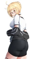 1girl absurdres ahoge artoria_pendragon_(fate) ass bike_shorts black-framed_eyewear black_jacket black_shorts blonde_hair blush braid breasts choker fate/grand_order fate_(series) french_braid glasses gym_uniform hair_between_eyes highres jacket long_hair looking_back medium_breasts mysterious_heroine_x_alter_(fate) mysterious_heroine_x_alter_(second_ascension)_(fate) off_shoulder open_clothes open_jacket open_mouth shirt shorts solo surprised thighs tiri_man white_shirt yellow_eyes