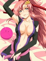 Rule 34 | 1girl, arm up, bed sheet, black kimono, black sleeves, blue eyes, breasts, bridal gauntlets, cleavage, closed mouth, collarbone, detached sleeves, from above, gundam, gundam seed, gundam seed destiny, hair between eyes, hair ornament, hair ribbon, haro, head tilt, highres, japanese clothes, kh-fullhouse, kimono, lacus clyne, long hair, long sleeves, looking at viewer, lying, medium breasts, midriff, navel, on back, open clothes, open kimono, pink hair, ponytail, red ribbon, ribbon, short kimono, sleeveless, sleeveless kimono, smile, stomach, very long hair