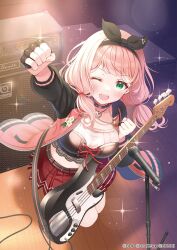 Rule 34 | 1girl, bang dream!, bass guitar, black gloves, fender precision bass, fingerless gloves, gloves, green eyes, highres, instrument, long hair, long sleeves, looking at viewer, low twintails, official art, one eye closed, open mouth, pink hair, pleated skirt, red skirt, serino itsuki, skirt, twintails, uehara himari